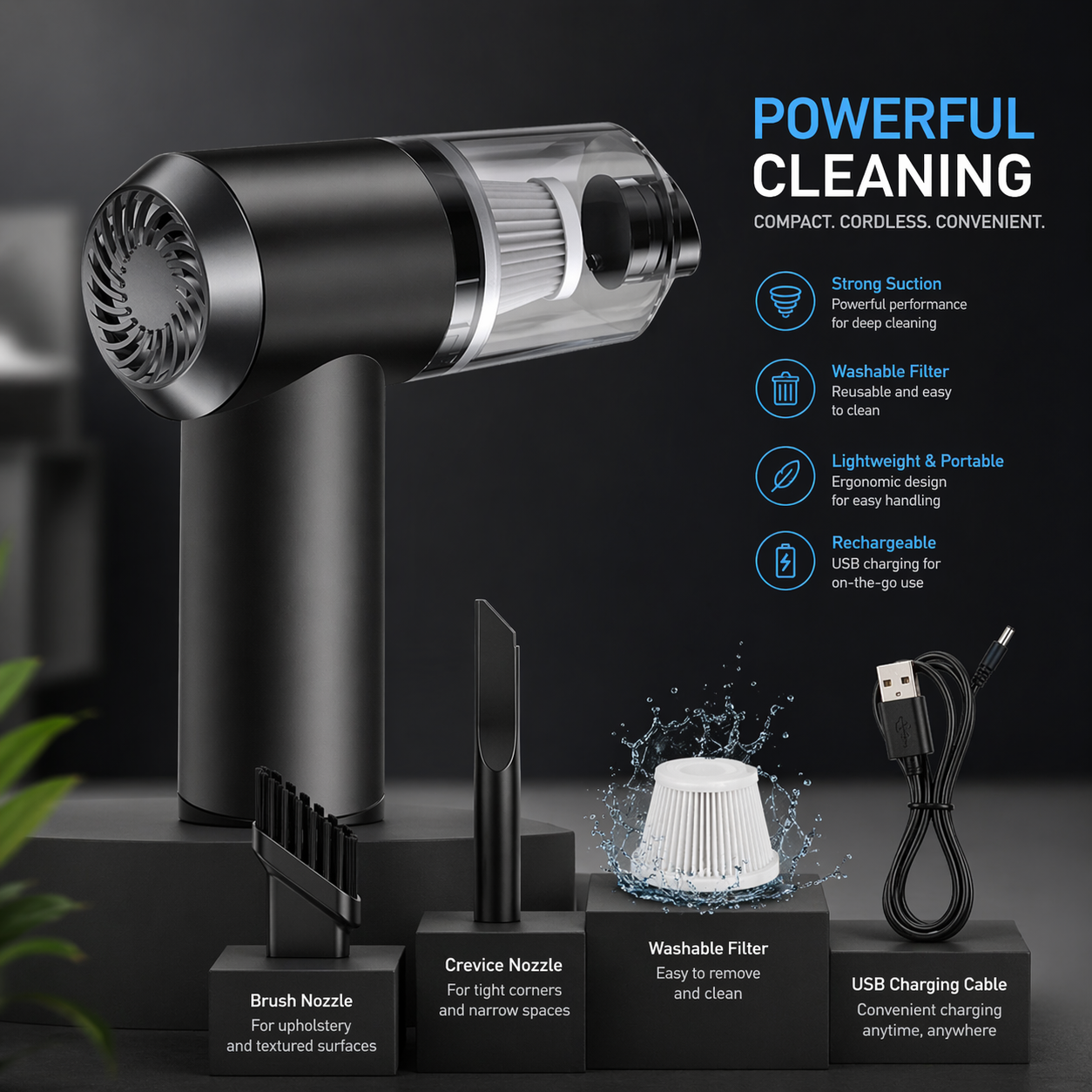 DEMARY Portable Cordless Vacuum Cleaner – High Suction Mini Handheld Cleaner with Washable Filter & USB Rechargeable